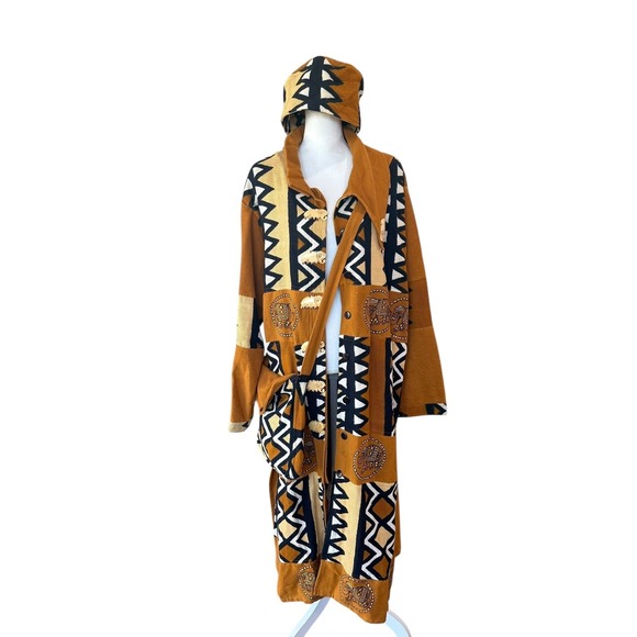 L'affaire Mud Cloth Duster Coat One Size Patchwork Tribal Print Long Hat Bag Set - Picture 3 of 14